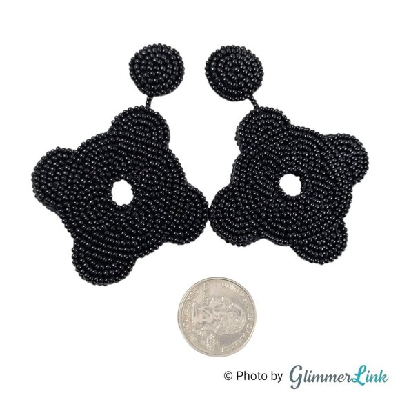 Kenneth Jay Lane KJL Black Seed Bead Fine Detail Gold Tone Pierced Earrings - Picture 5 of 8